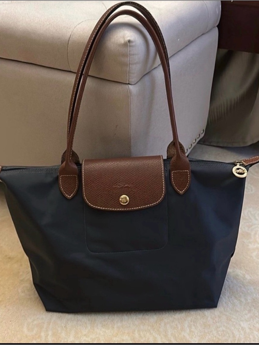 Longchamp Black Nylon Tote with Brown Leather Trim - Women Bags